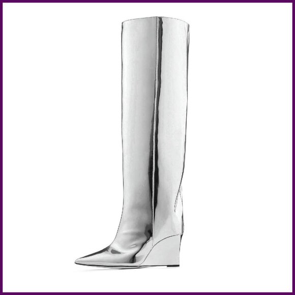 Knee High Wedge Boots Patent Leather Pointed Toe Thigh High Heels